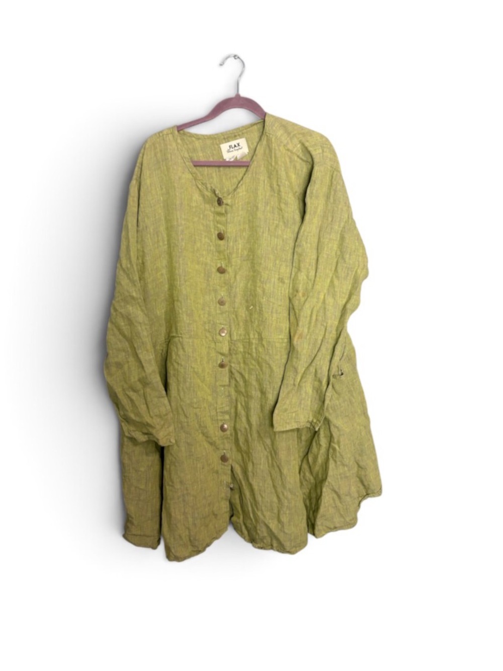Flax Olive Green Linen Button-Front Tunic Shirt